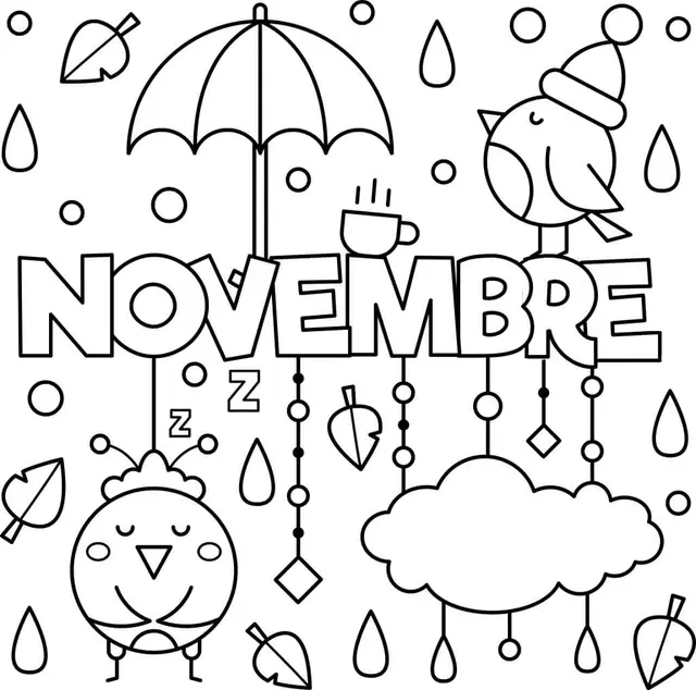 Coloriage Novembre Oiseau Pluie Parapluies - Novembre à imprimer