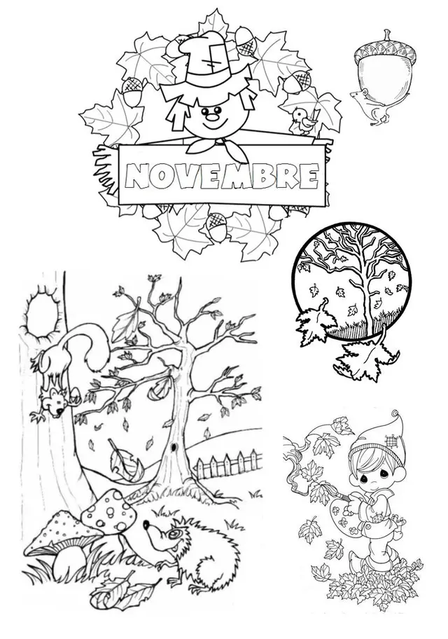Coloriage Novembre Paysage Arbre Feuille Automne - Novembre à imprimer