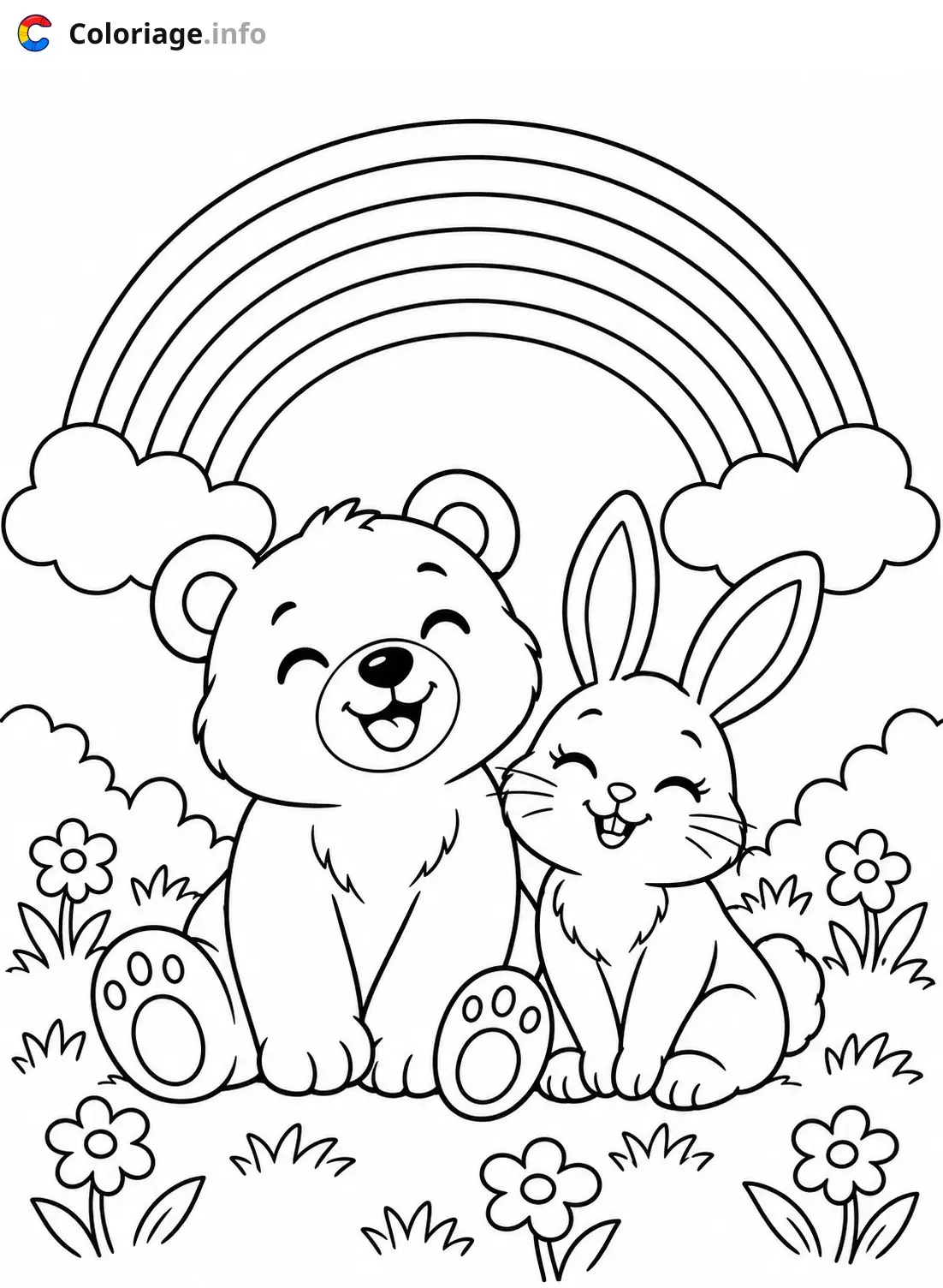 Coloriage Ours et lapin sous l'arc-en-ciel - Arc en ciel à imprimer