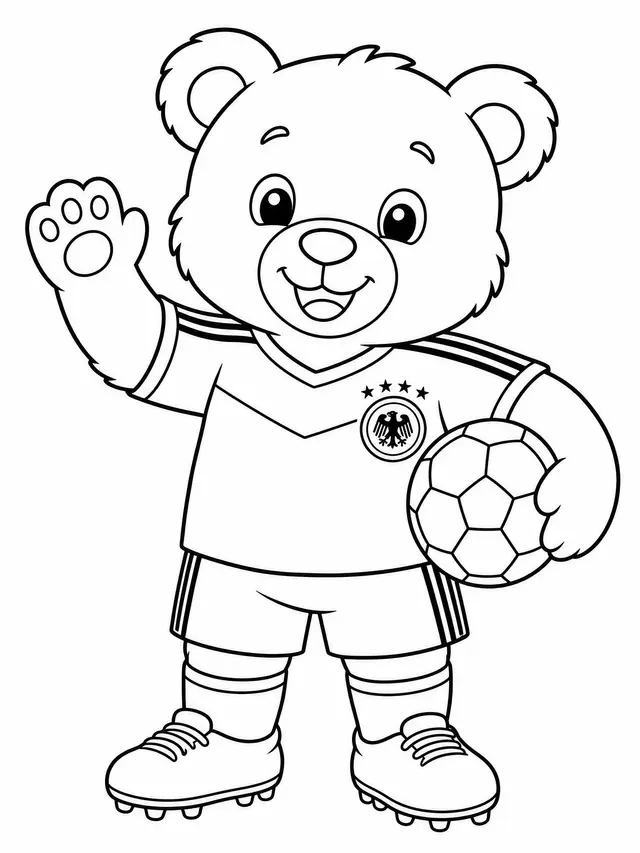 Desenho de Ursinho kawaii com uniforme da Alemanha segurando uma bola para colorir
