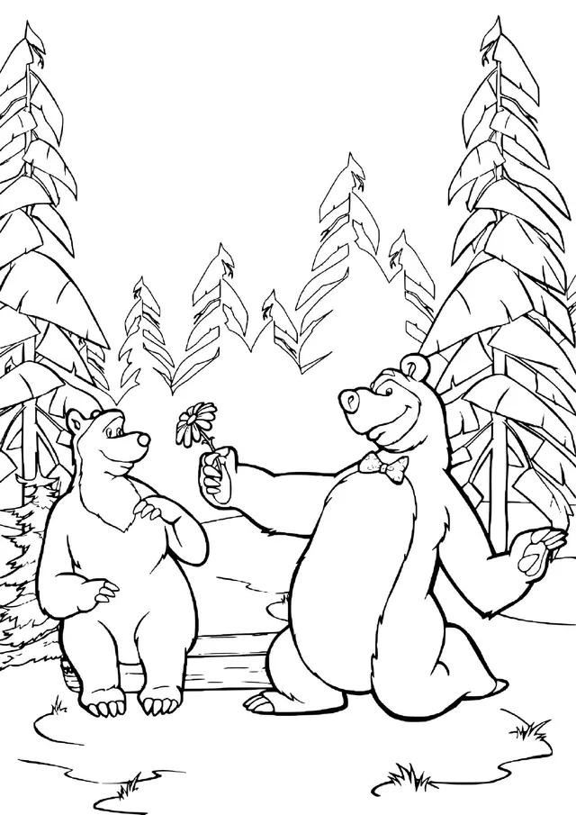 Coloriage Ours Masha Donne Une Fleur A Sa Douce - Masha et michka à imprimer