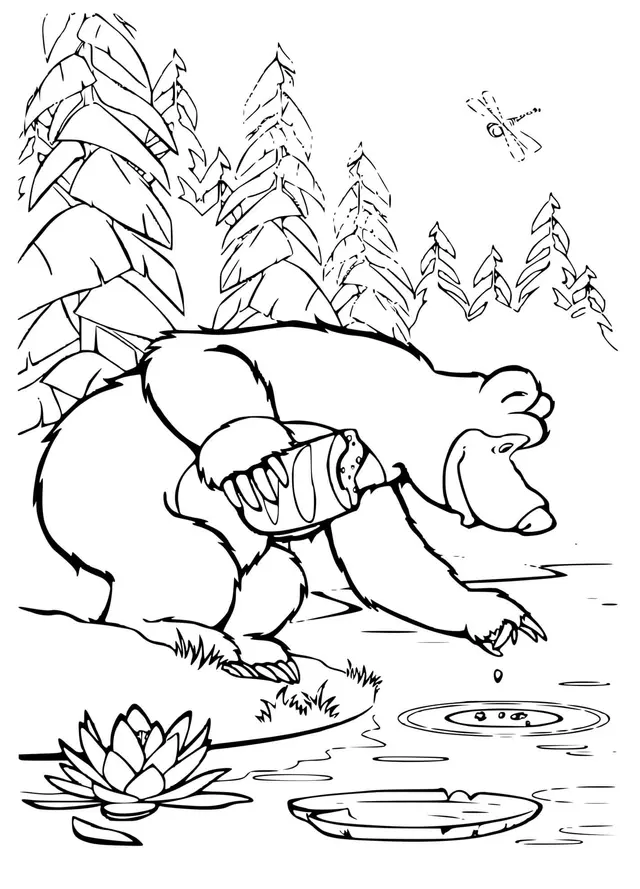 Coloriage Ours Michka Donne De La Nourriture Aux Poissons - Masha et michka à imprimer