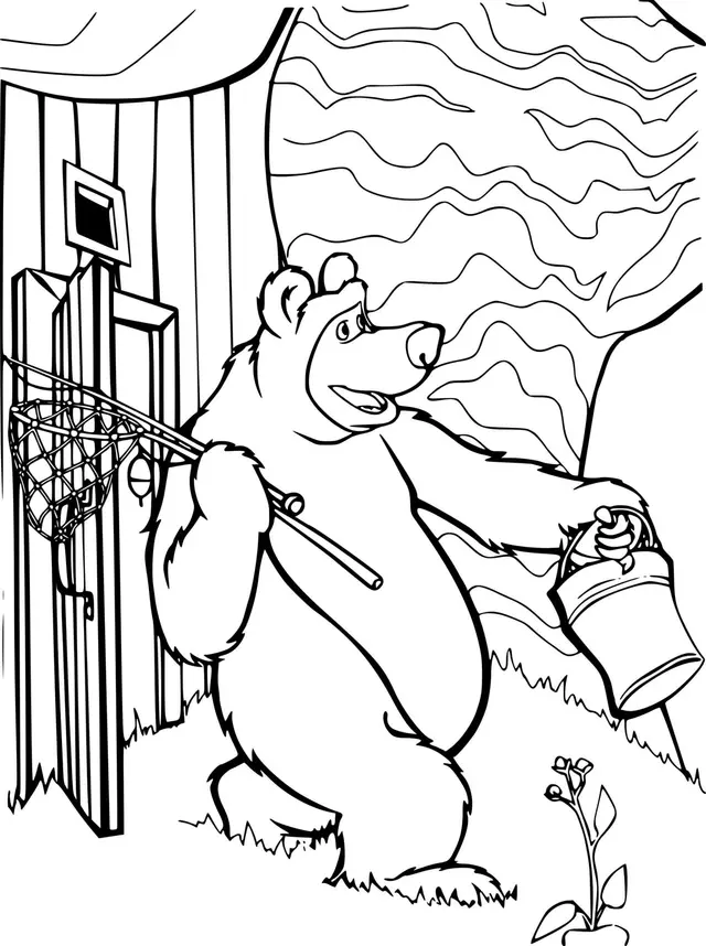 Coloriage Ours Michka En Direction De La Pêche - Masha et michka à imprimer