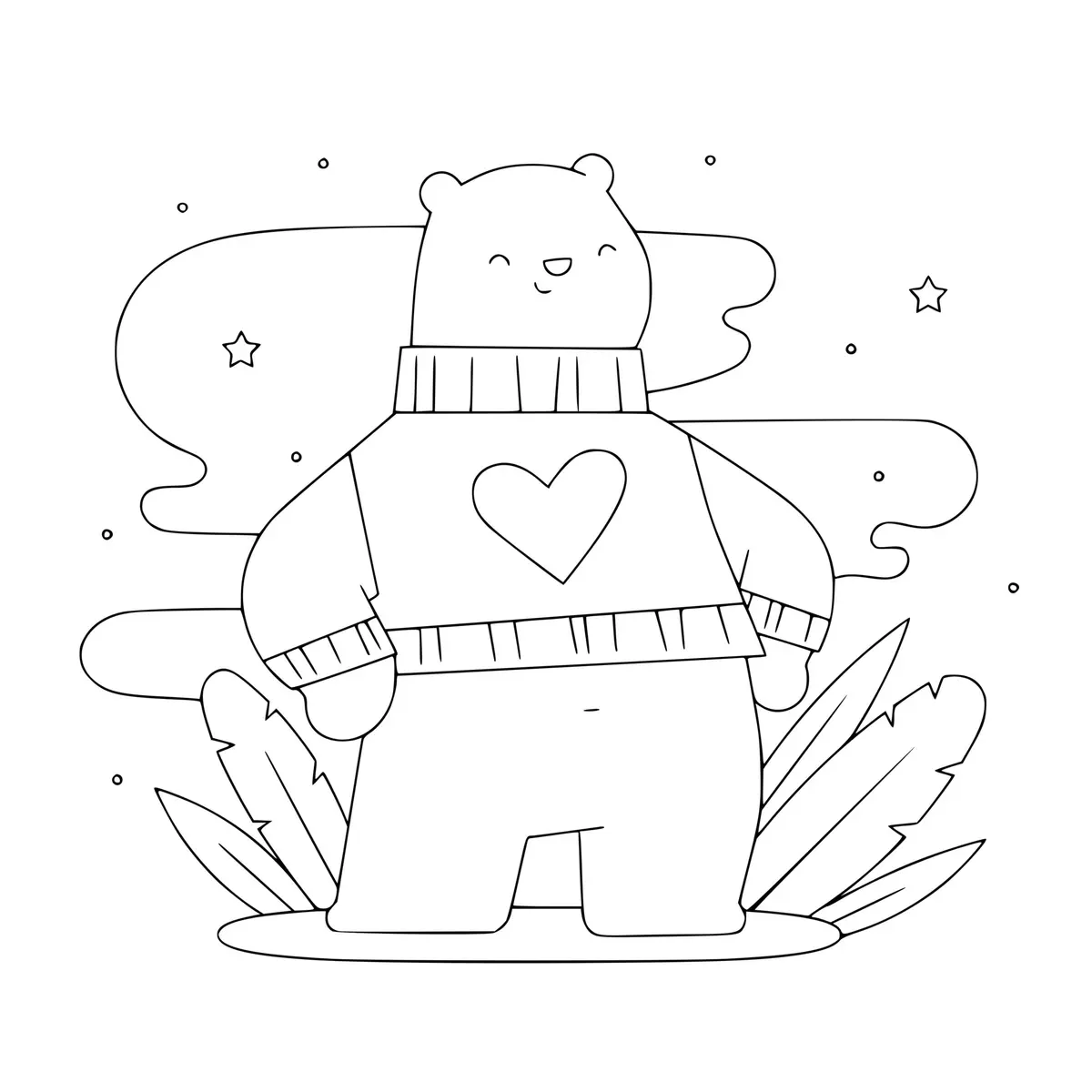 Ausmalbild Bär mit Herz-Pullover zum Valentinstag zum Ausdrucken