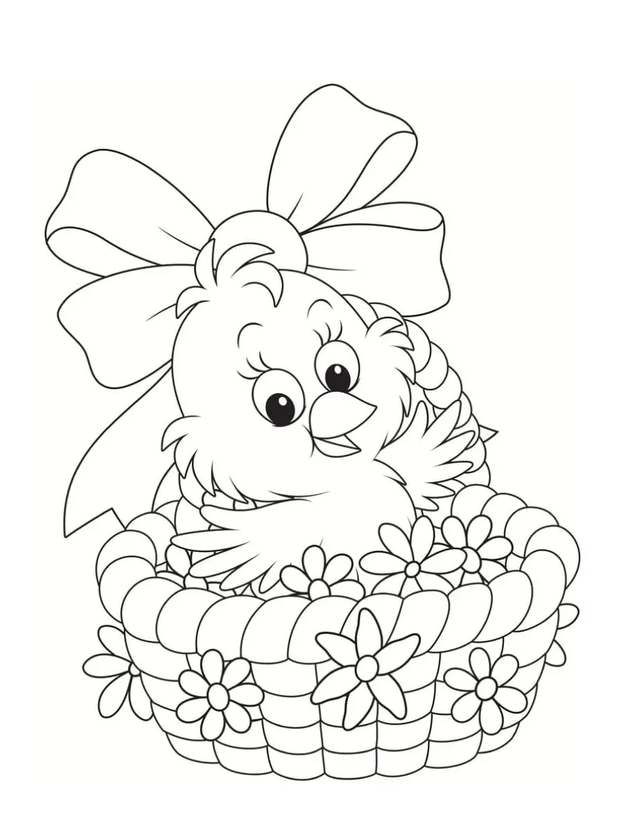 Disegno di Cestino di uova di Pasqua con pulcino da stampare