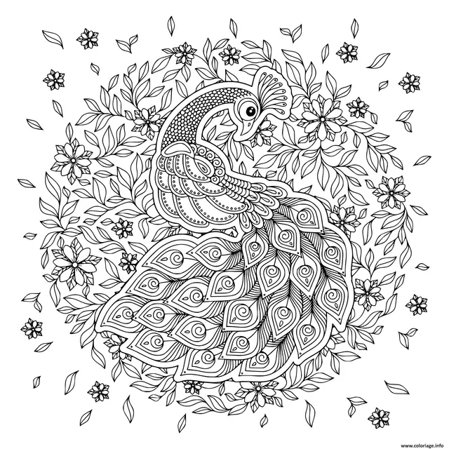 Coloriage Paon Oiseau Adulte Mandala - Paon à imprimer