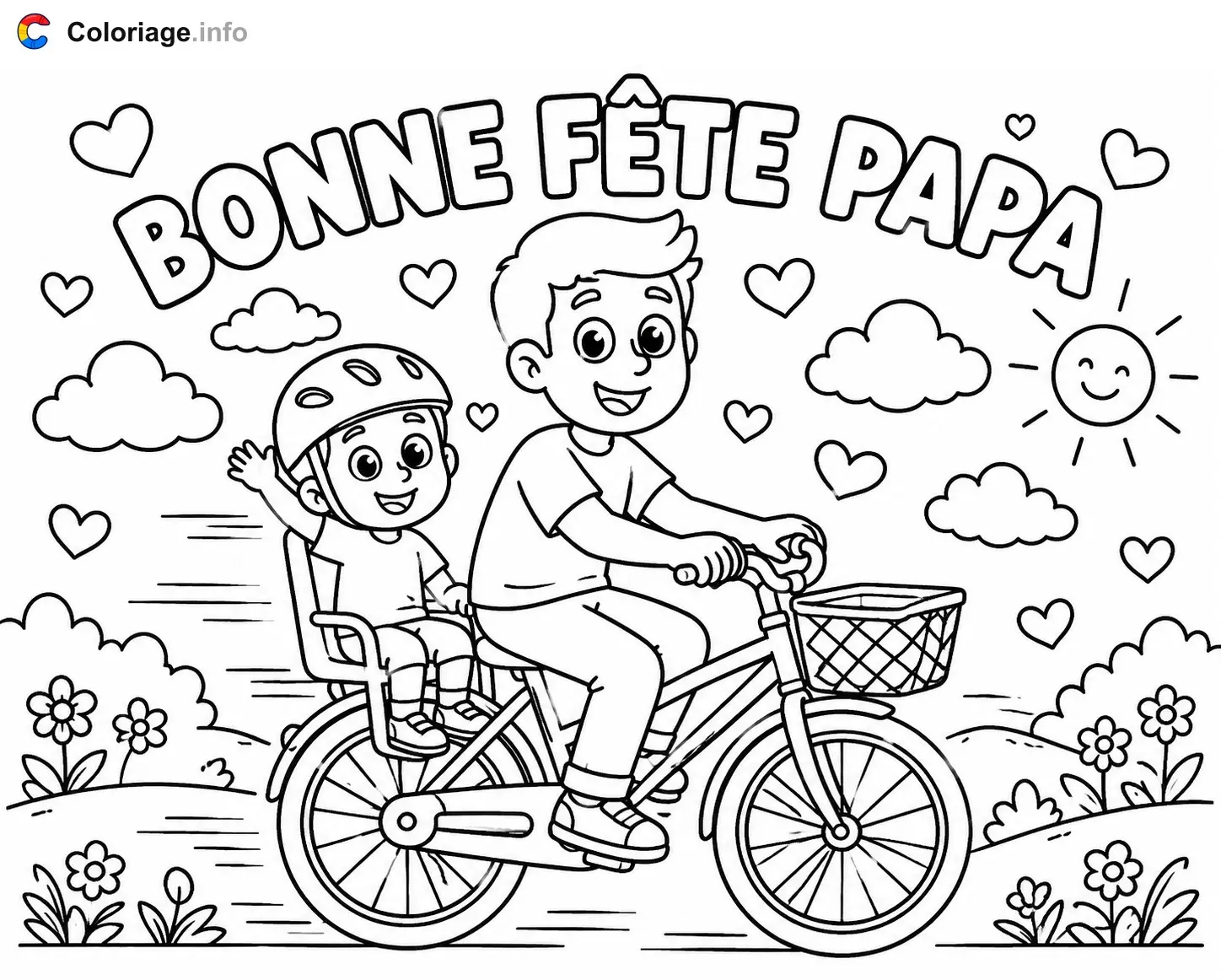 Coloriage Papa et fils à vélo - Fête des pères à imprimer