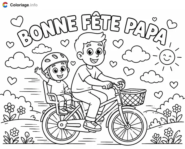 Dad and Son Riding Bikes coloring page to print