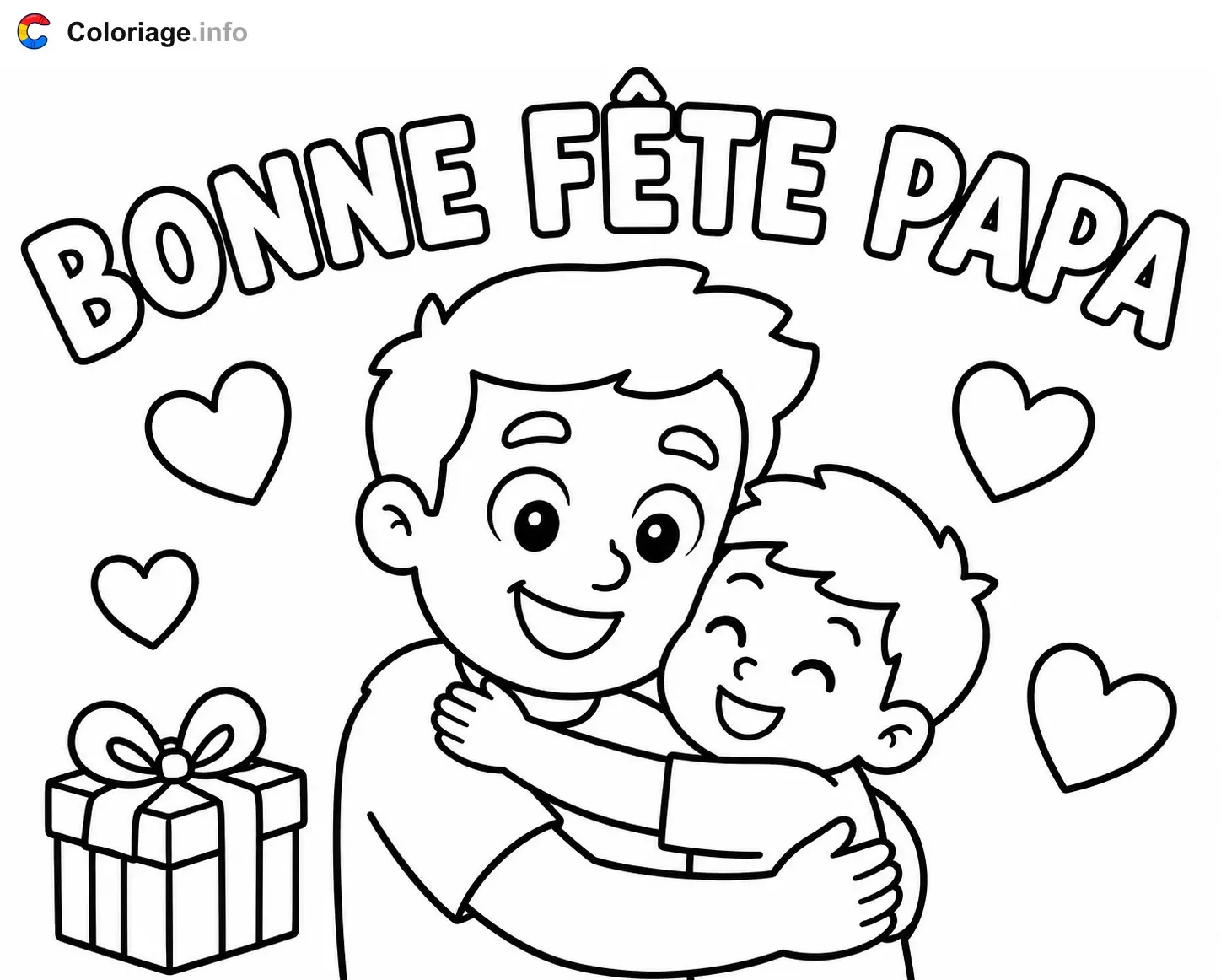 Coloriage Papa et son enfant s'embrassent - Fête des pères à imprimer