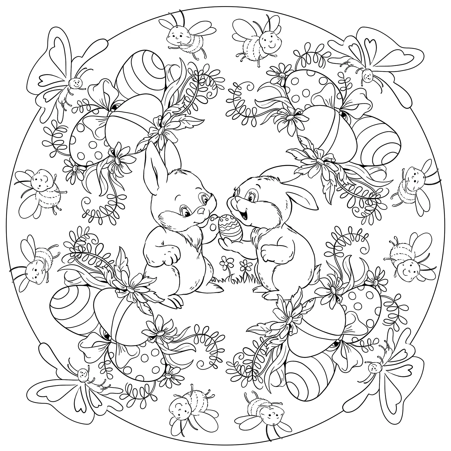 Coloriage Pâques Mandala Avec Deux Lapins Œufs De Pâques Et Abeilles Par Lesya Adamchuk - Pâques mandala à imprimer