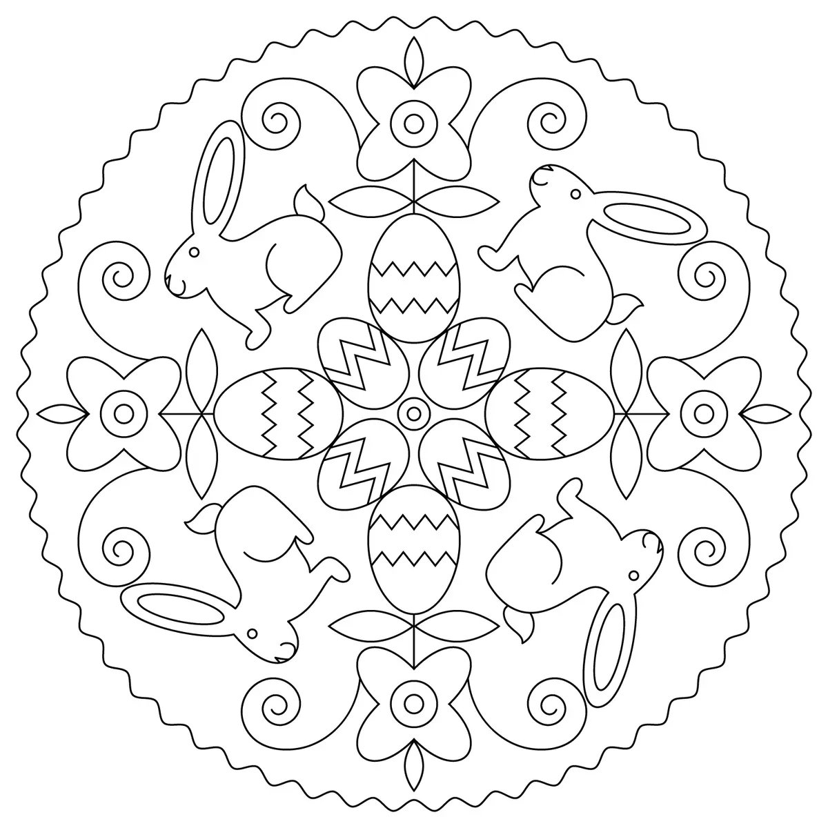 Easy Easter Mandala with Eggs and Flowers coloring page to print