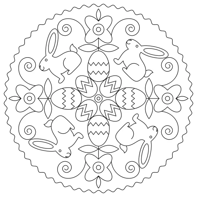 Easy Easter Mandala with Eggs and Flowers coloring page to print