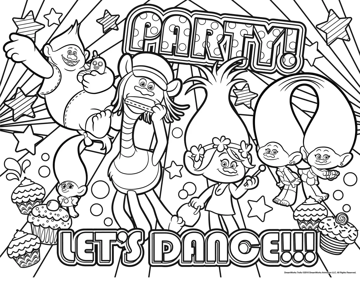 Kleurplaat Party Lets Dance – Trolls om te printen