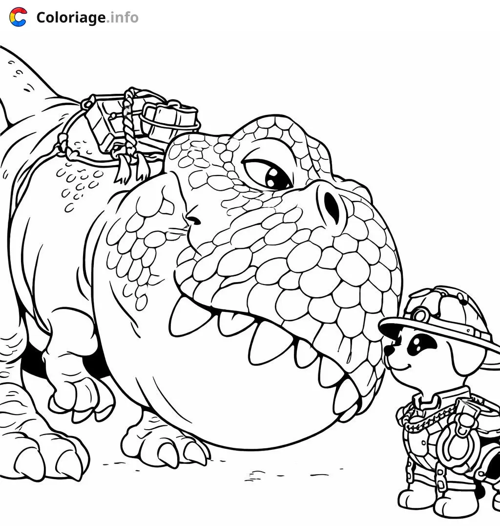 Coloriage pat patrouille mission dino chiot face au dinosaure - Pat patrouille à imprimer