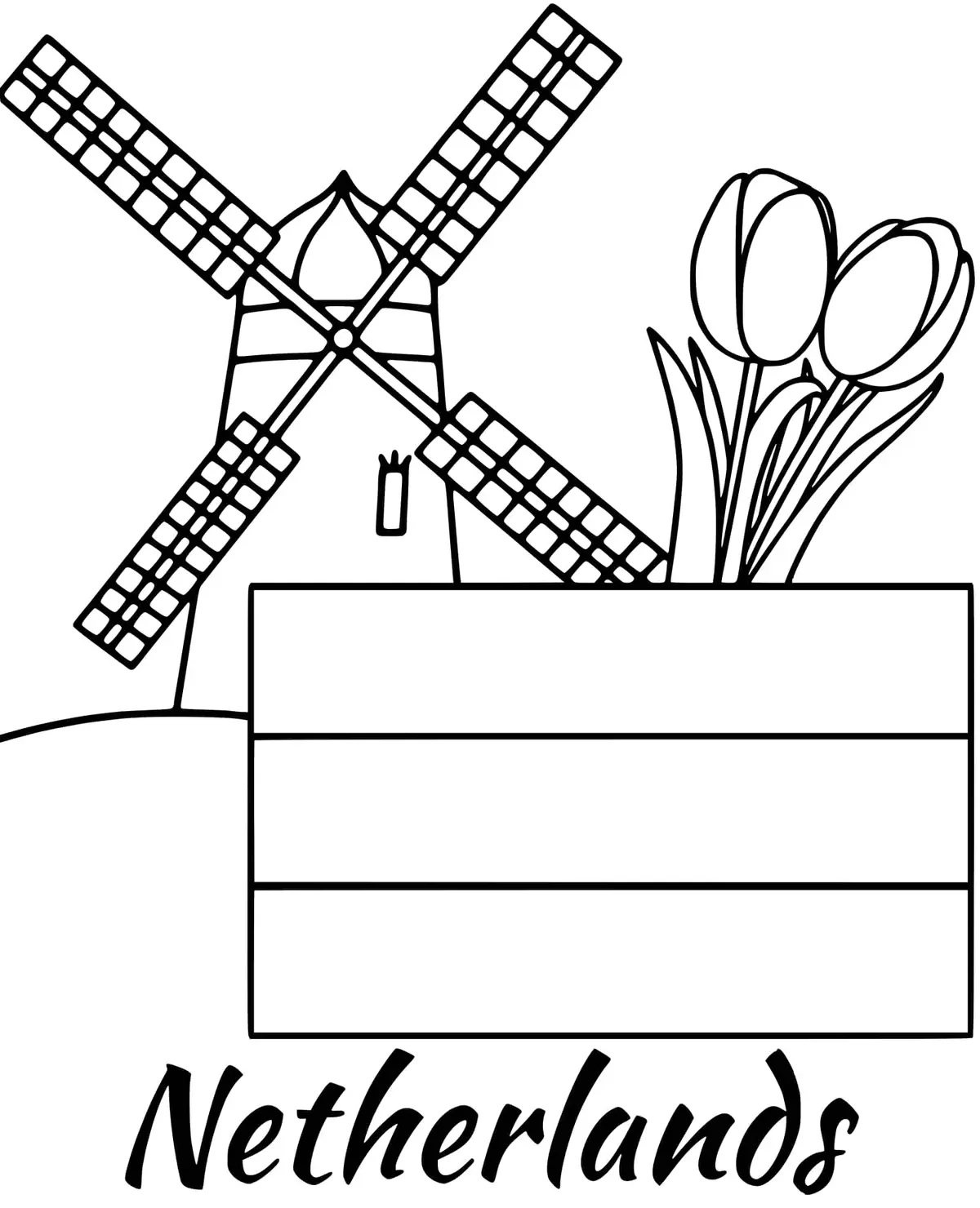 Ausmalbild Niederlande Flagge mit Windmühle zum Ausdrucken