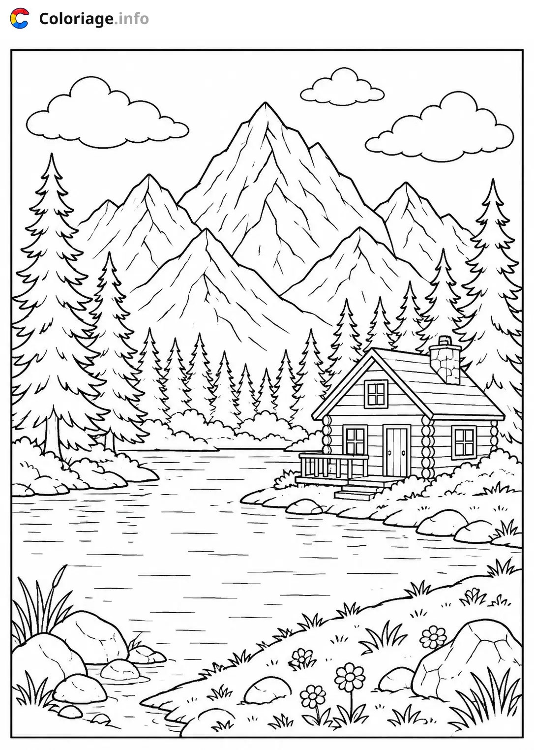 Dibujo de Paysage Cabane au bord du lac montagneux para colorear