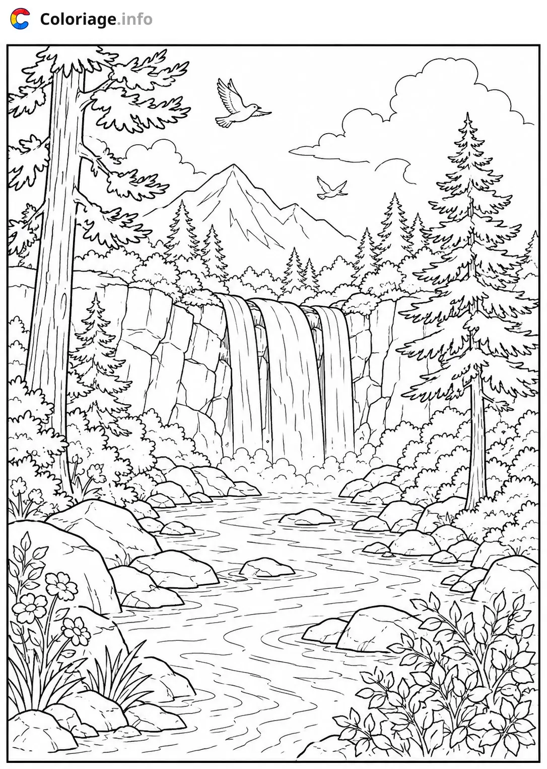 Dibujo de Cascada en el Bosque de Montaña para colorear
