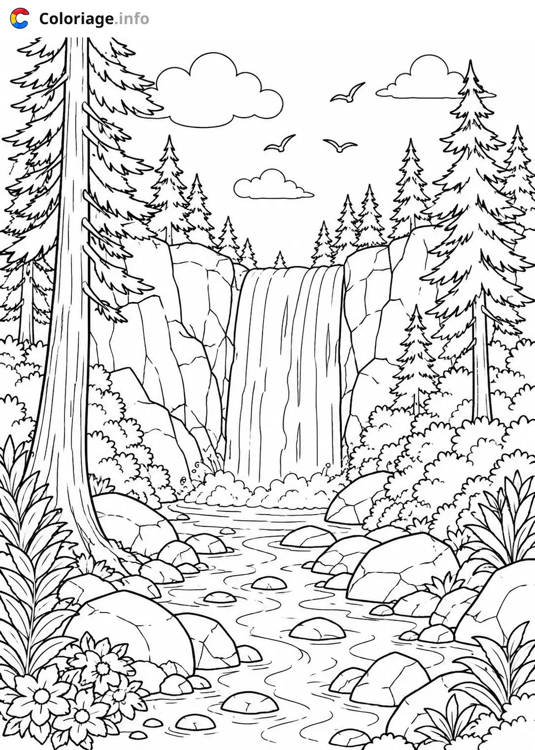 Dibujo de Paysage Cascade dans la forêt de sapin para colorear