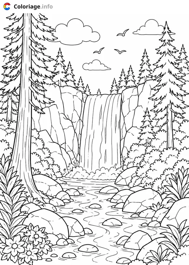 Coloriage Paysage Cascade dans la forêt de sapin - Paysage à imprimer