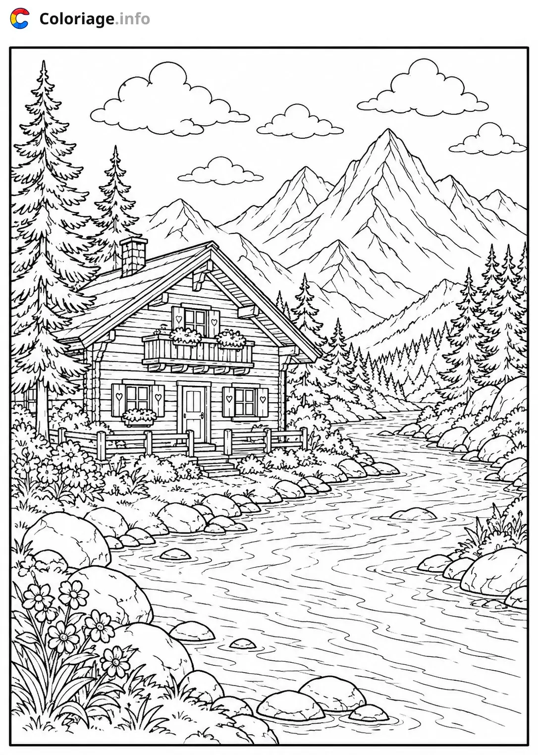 Dibujo de Cabaña de montaña con río para colorear