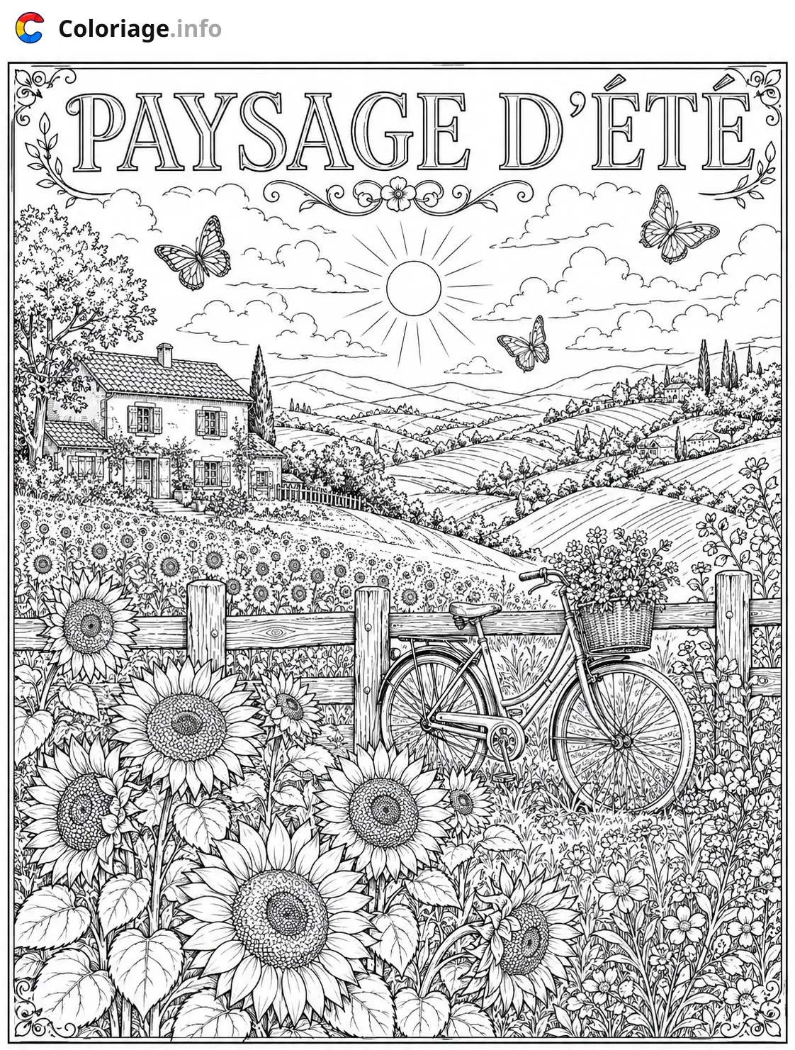 Coloriage Paysage d'été avec maison et tournesols - Été à imprimer