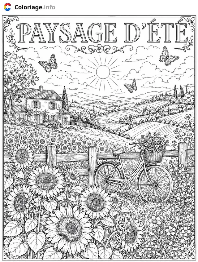 Coloriage Paysage d'été avec maison et tournesols - Été à imprimer