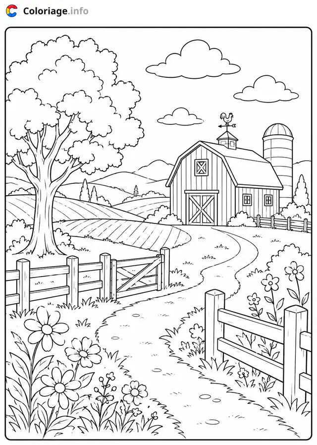 Coloriage Paysage La Ferme à la Campagne - Paysage à imprimer