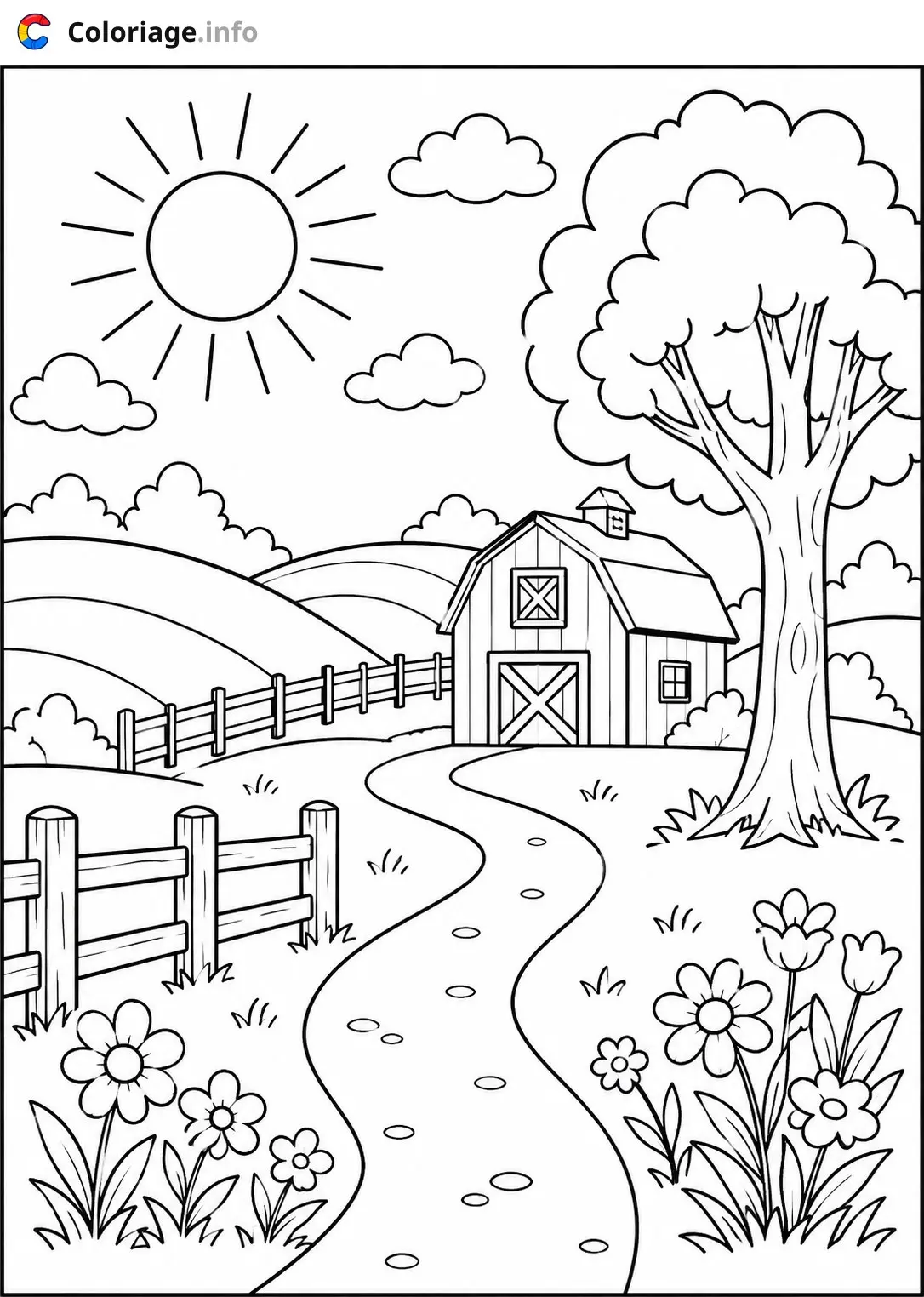Dibujo de Paysage La ferme ensoleillée à la campagne para colorear