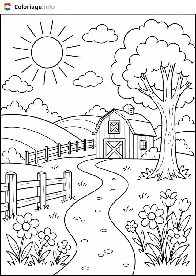 Coloriage Paysage La ferme ensoleillée à la campagne - Paysage à imprimer