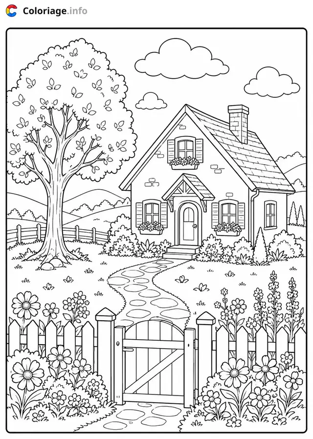 Coloriage Paysage La maison de campagne fleurie - Paysage à imprimer