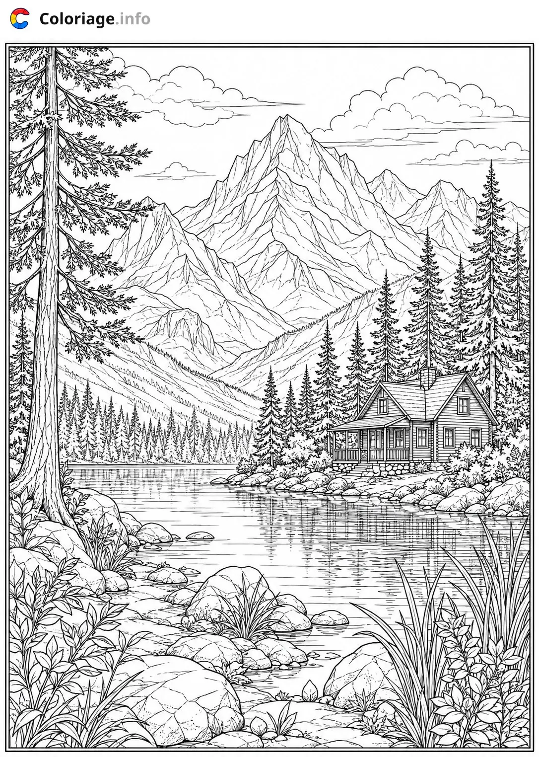 Dibujo de Casa junto al lago de montaña para colorear