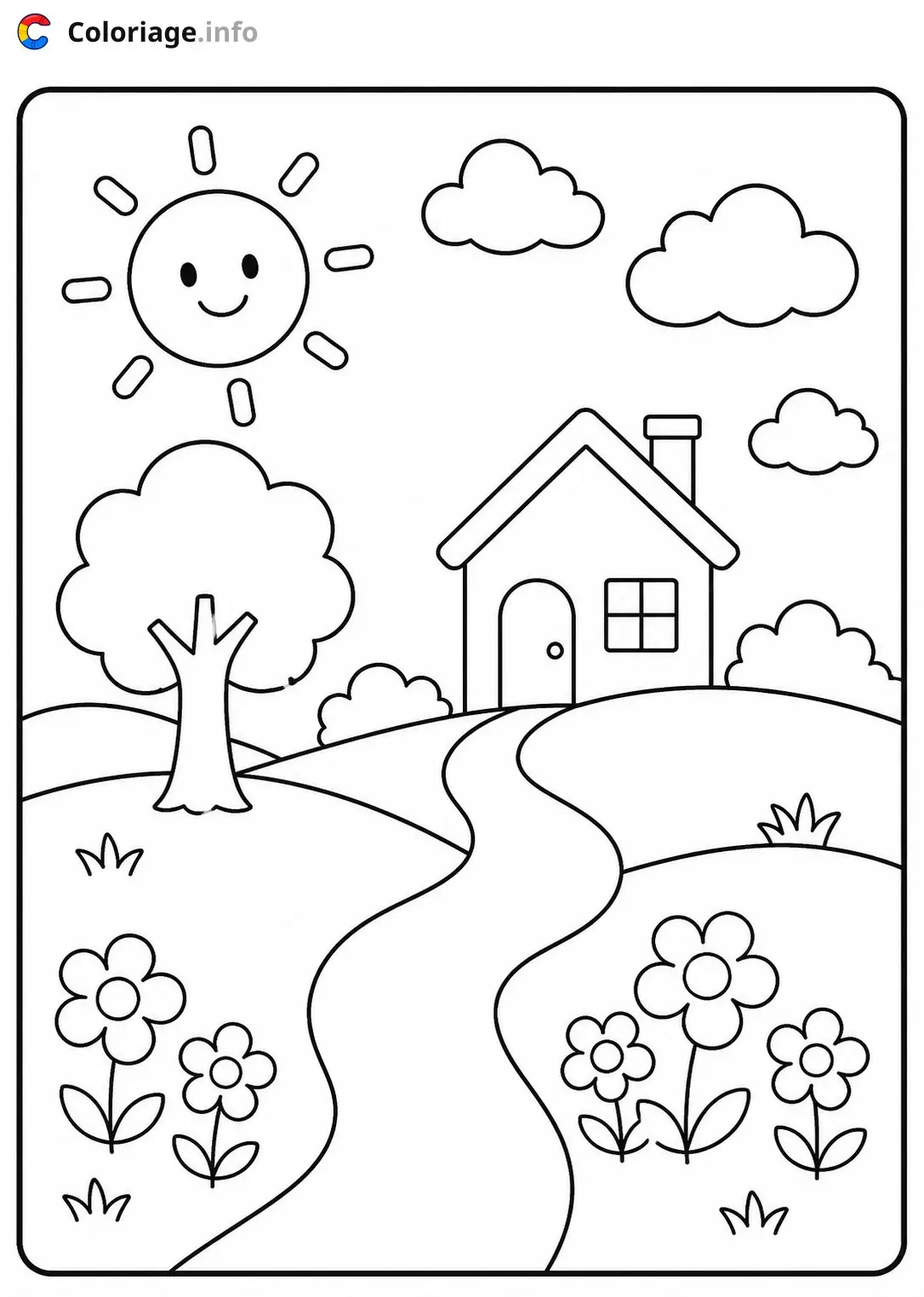 Dibujo de Casa en el campo bajo el sol para colorear