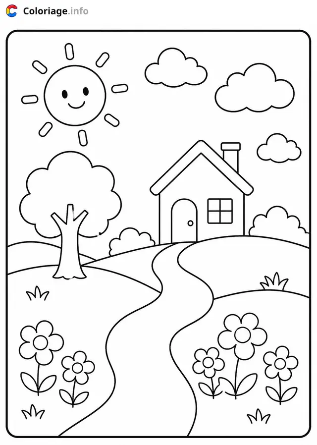 Coloriage Paysage Maison dans la campagne ensoleillée - Paysage à imprimer