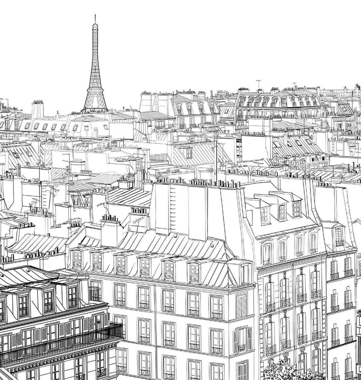 Disegno di Paesaggio con case e la Torre Eiffel di Parigi da stampare