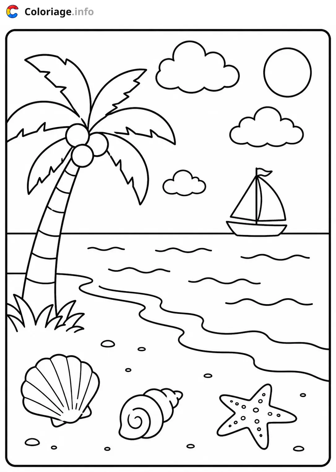 Dibujo de Playa tropical con palmera y bote para colorear