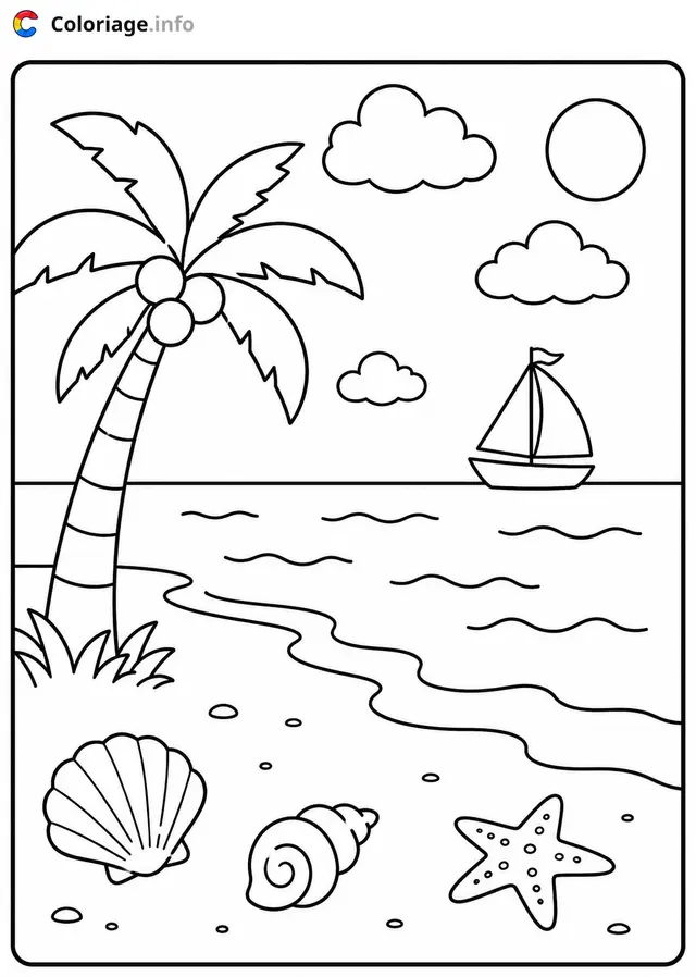 Coloriage Paysage Plage tropicale avec palmier et bateau - Paysage à imprimer