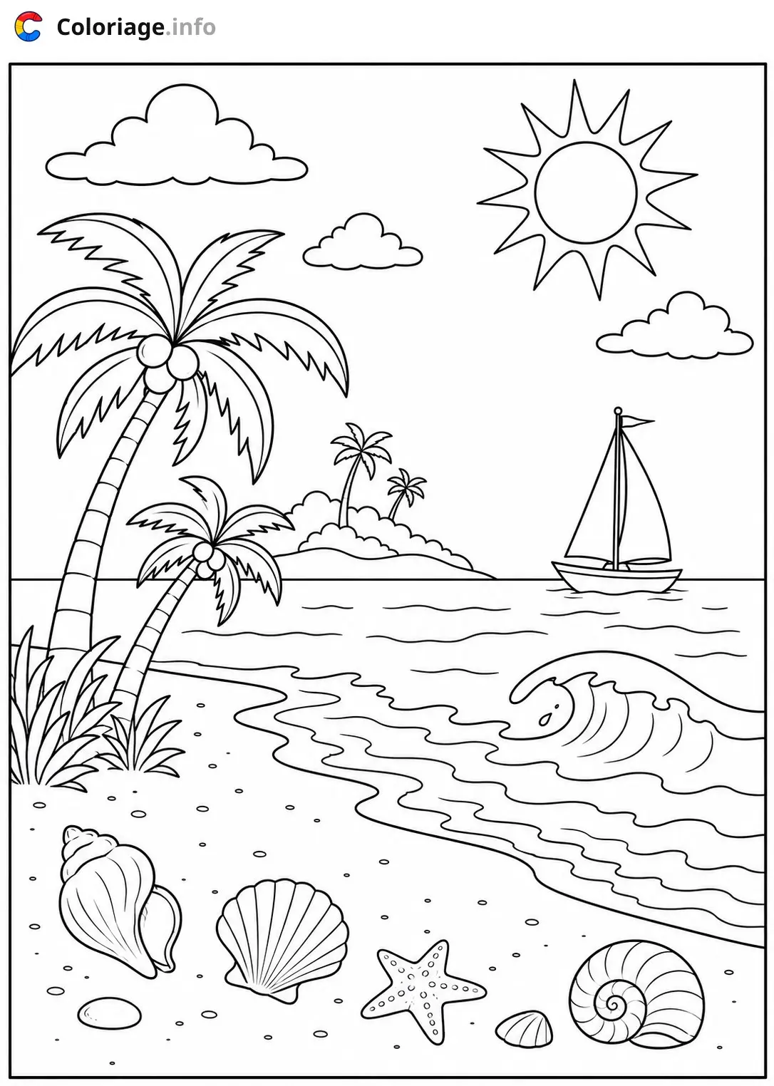 Dibujo de Paysage Plage tropicale avec palmiers et voilier para colorear