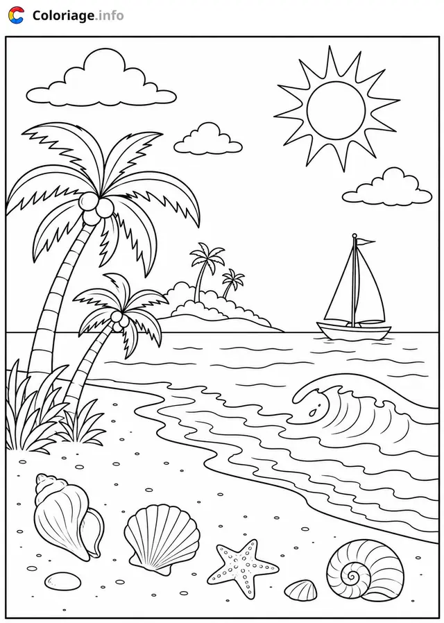 Coloriage Paysage Plage tropicale avec palmiers et voilier - Paysage à imprimer