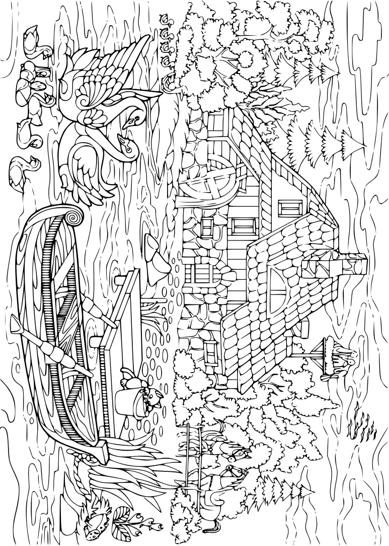 Coloriage Paysage Rural Lac Vegetations Animaux Maison - Adulte à imprimer