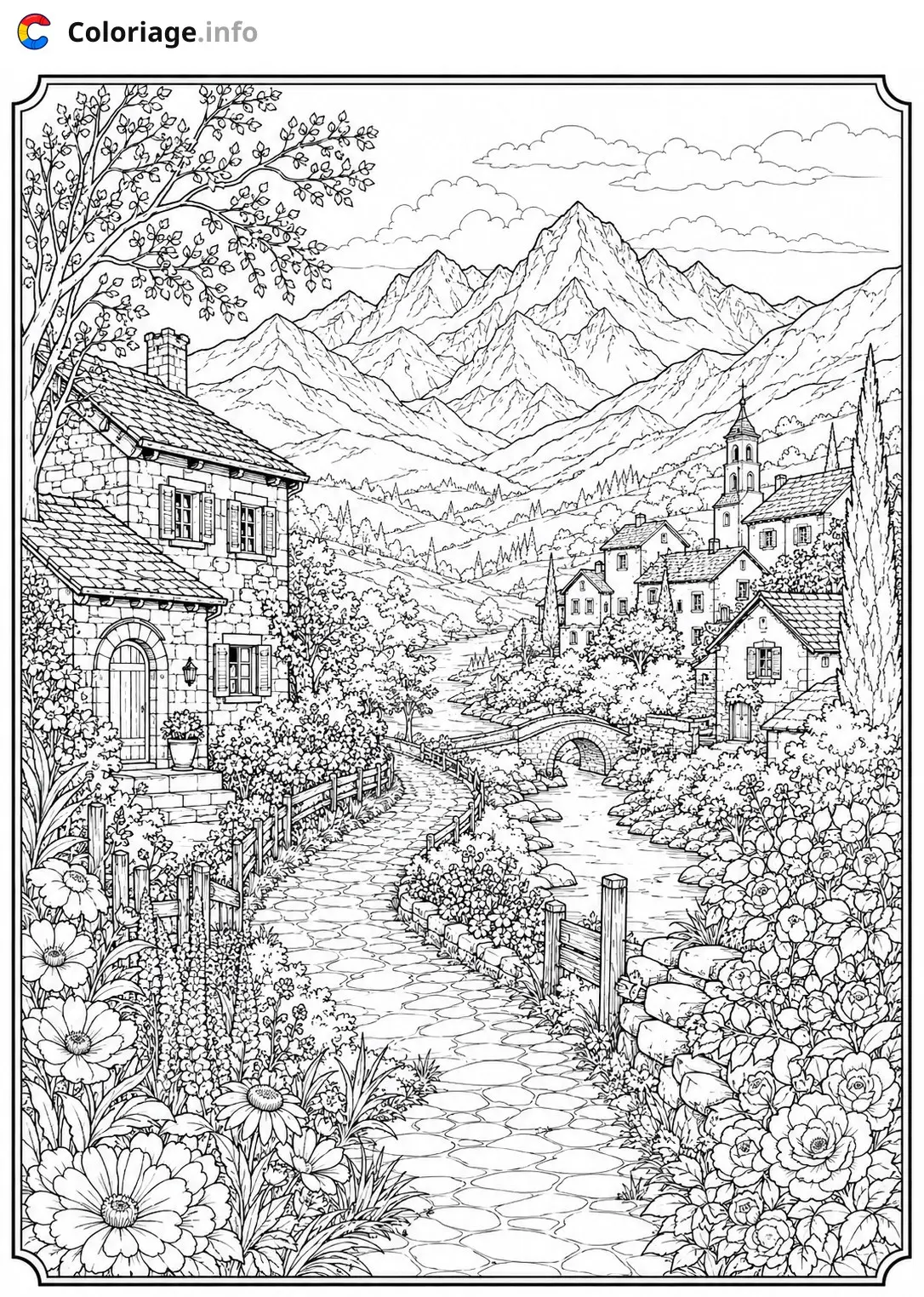 Dibujo de Pueblecito alpino en el valle para colorear