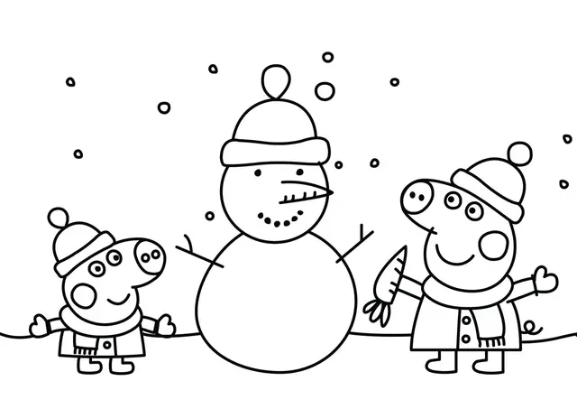 Ausmalbild Peppa Wutz baut einen Schneemann zu Weihnachten zum Ausdrucken