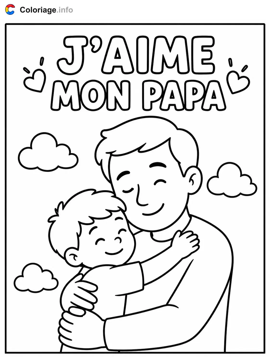 Coloriage Père et enfant s'embrassent - Fête des pères à imprimer