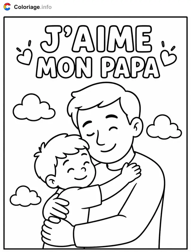 Coloriage Père et enfant s'embrassent - Fête des pères à imprimer