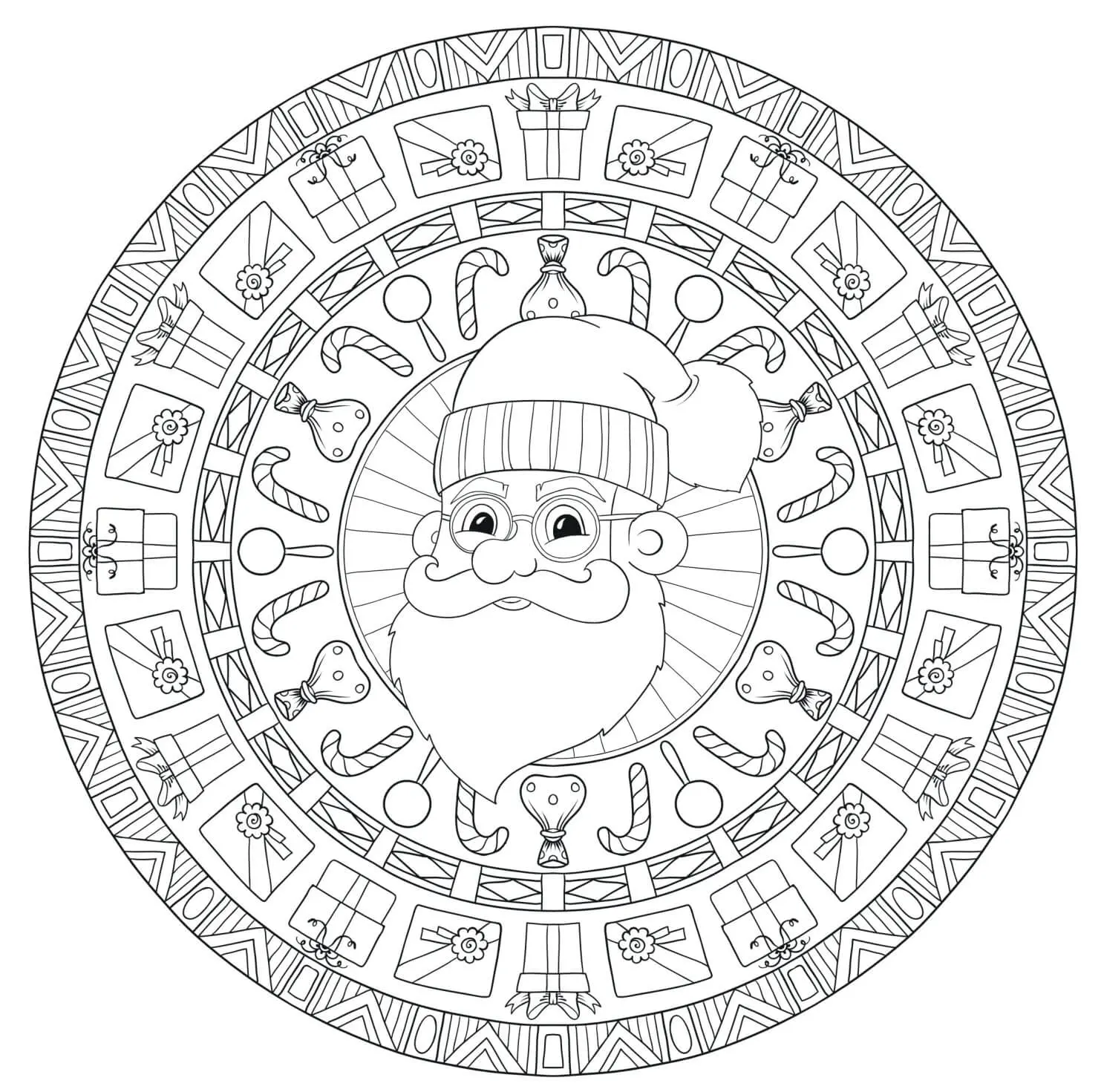 Coloriage Père Noël En Mandala Cercle Anti Stress - Noël adulte à imprimer