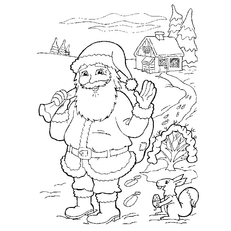 Ausmalbild Weihnachtsmann mit seinem Geschenkesack zum Ausdrucken