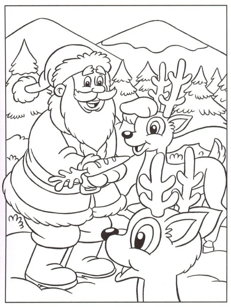 Kleurplaat De Kerstman en zijn rendieren om te printen