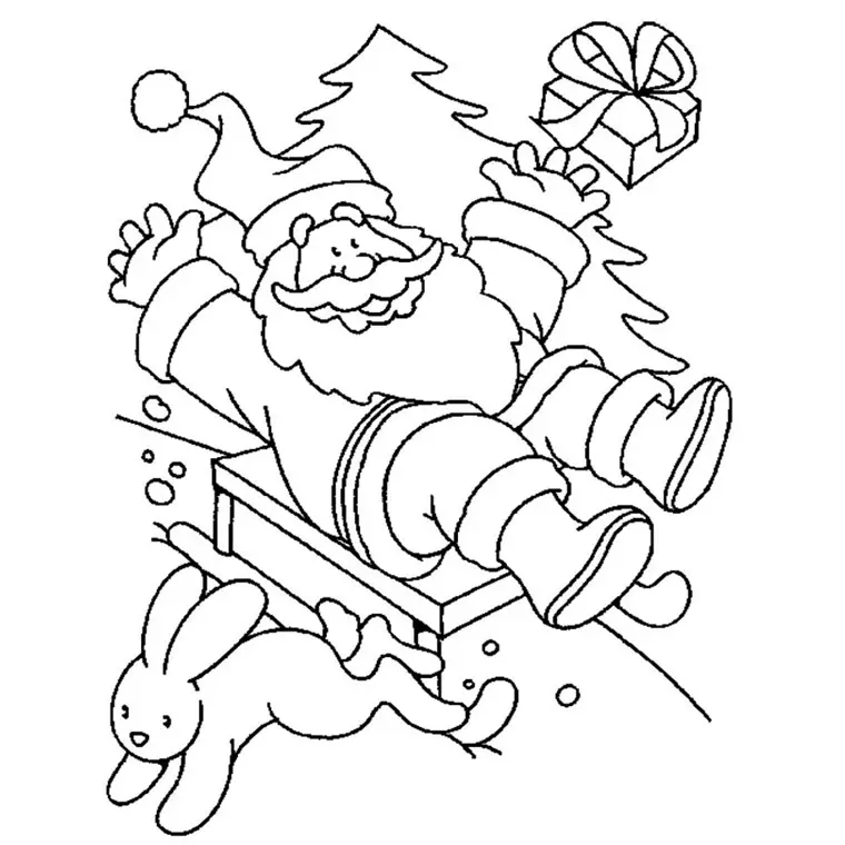 Kleurplaat De Kerstman met zijn slee en rendieren om te printen