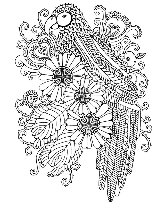 Ausmalbild Papagei mit Blumen und rosa Herzen – Ausmalbilder für Erwachsene zum Ausdrucken