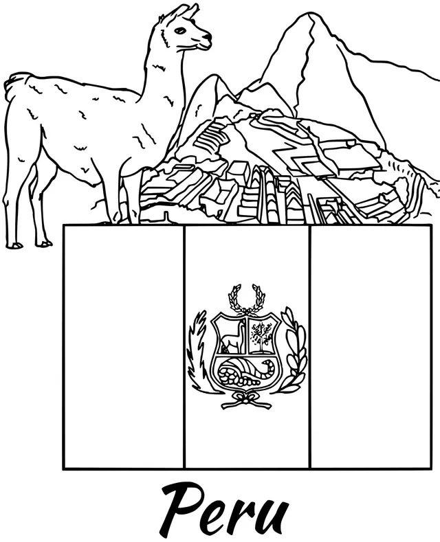Coloriage Peru Drapeau Alpaca - Drapeau à imprimer