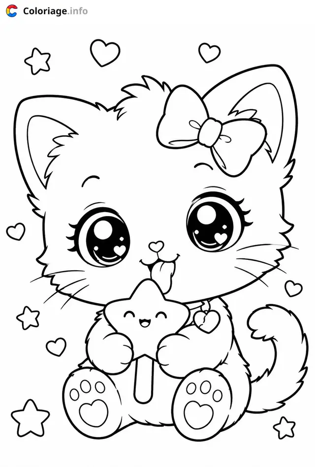 Coloriage Petit Chaton Kawaii avec arc - Chaton kawaii à imprimer